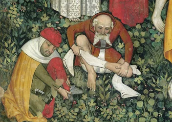 The Fountain of Life, detail of elderly men undressing, 1418-30